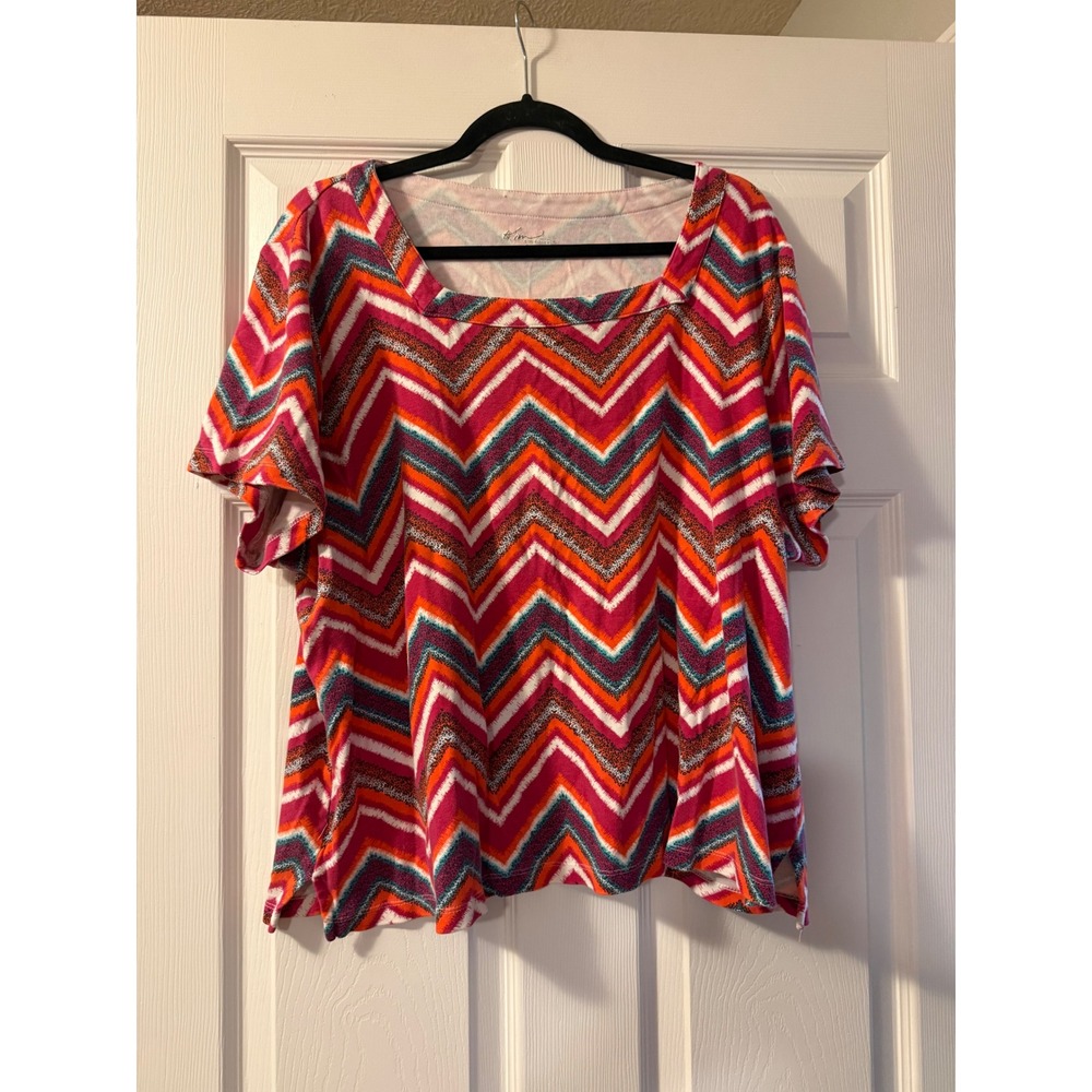 Kim Rogers Woman 3X Pink Orange Chevron Zigzag Cotton Square Neck Top Bright